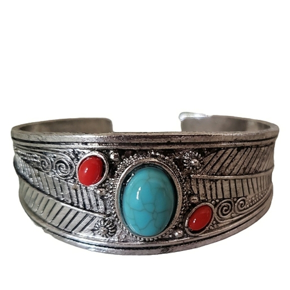 Turquoise Cuff Bracelet Faux Silver Jewelry Southwestern Native American Aztec - Picture 1 of 12
